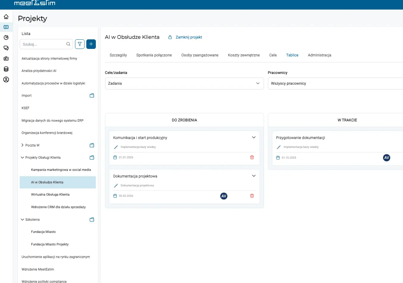 Projekty, panel tablice, Kanban, kolumny do zrobienia, w trakcie, zadania i cele
