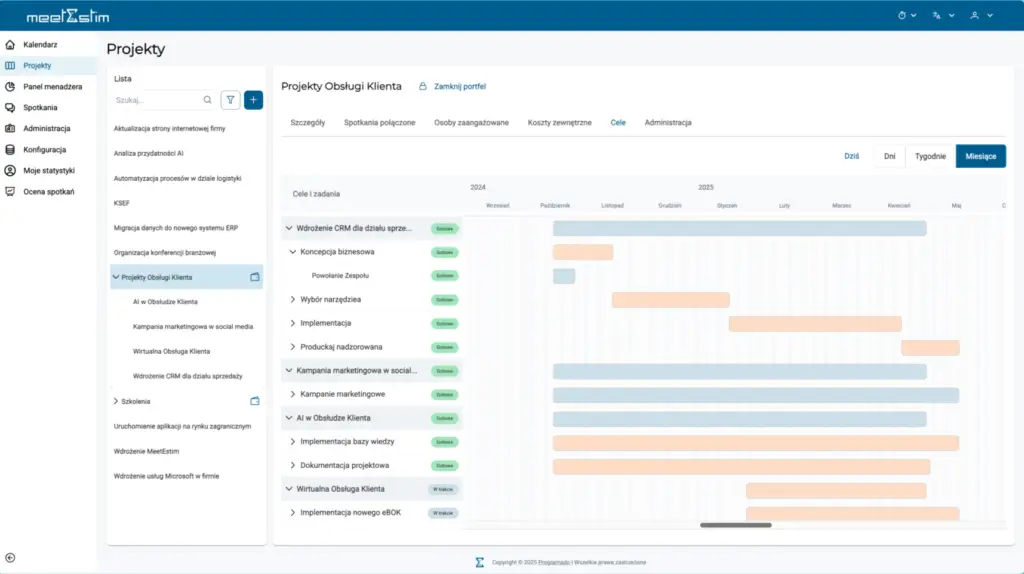 Analiza projektów, panel Cele i zadania, statusy i daty